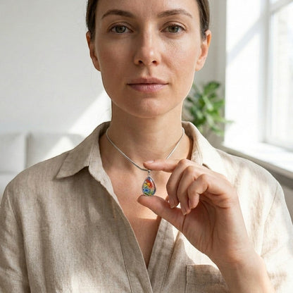 Aramat Jewels teardrop pendant with colourful Murano glass featuring a floral pattern, made of 316L stainless steel.