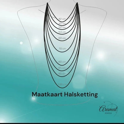 Aramat Jewels necklace size chart showing chain lengths from 42cm to 100cm displayed on a mannequin.