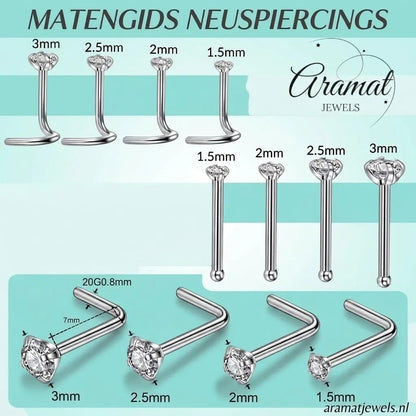 Aramat Jewels maattabel voor neuspiercings met verschillende maten en vormen stalen neusknopjes en L-vormige piercings.