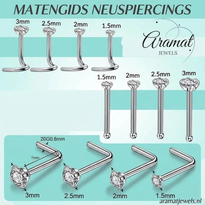 Aramat Jewels maattabel voor stalen neuspiercings met zirkonia in verschillende groottes van 1,5mm tot 3mm.