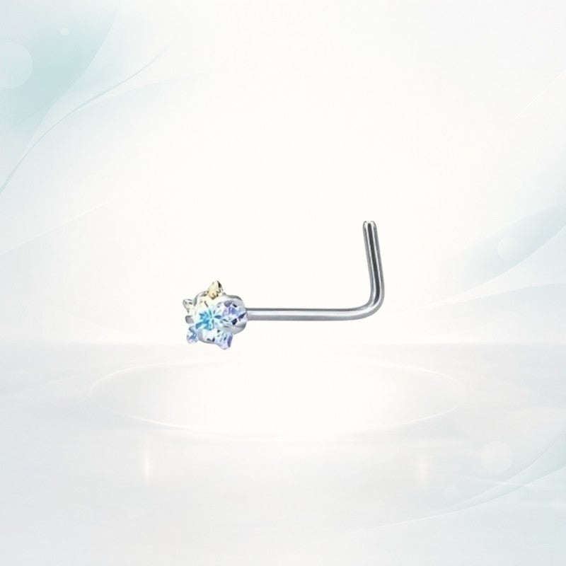 Aramat Jewels stainless steel L-shaped nose piercing with a clear AB cubic zirconia stone.
