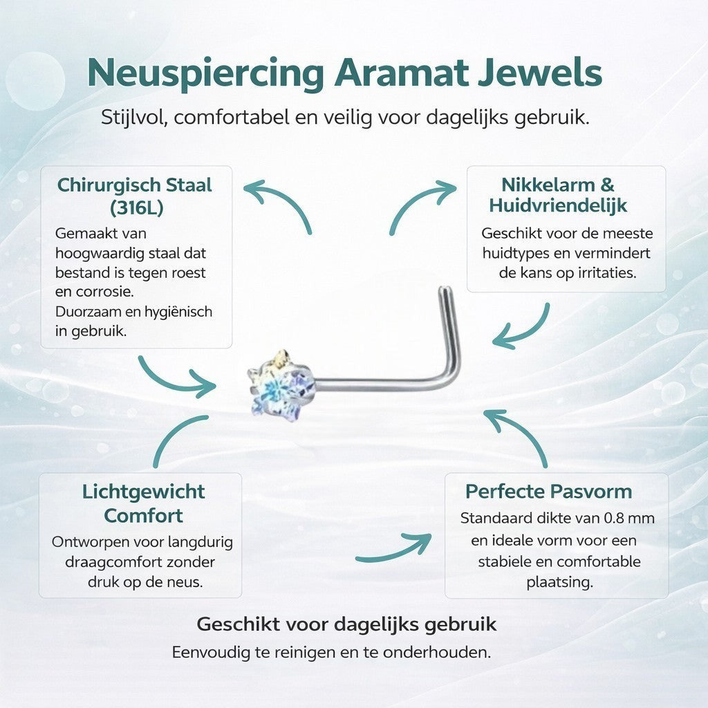 Aramat Jewels stainless steel L-shaped nose piercing with a clear AB cubic zirconia stone.