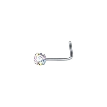 Aramat Jewels stainless steel nose studs with AB clear cubic zirconia in round, heart, and star shapes.