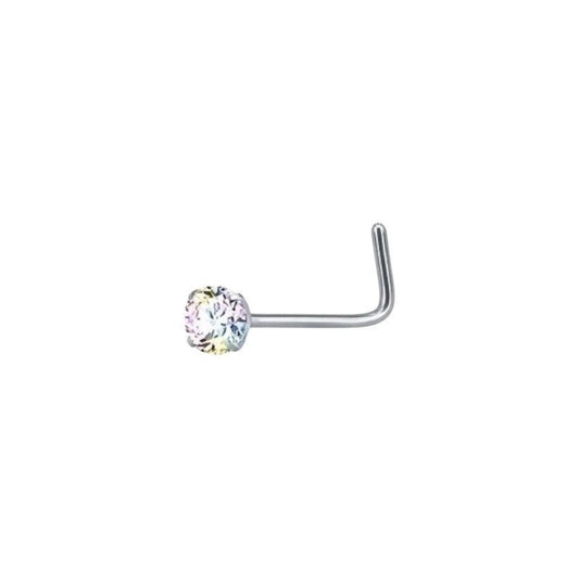 Aramat Jewels stainless steel nose studs with AB clear cubic zirconia in round, heart, and star shapes.