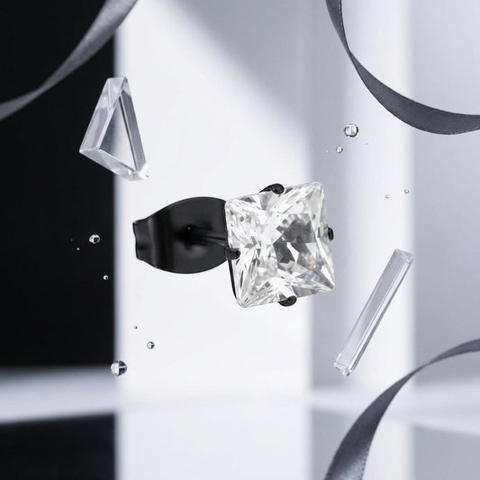 Aramat Jewels oorbel van zwart roestvrij staal met een vierkante zirkonia van 5mm.