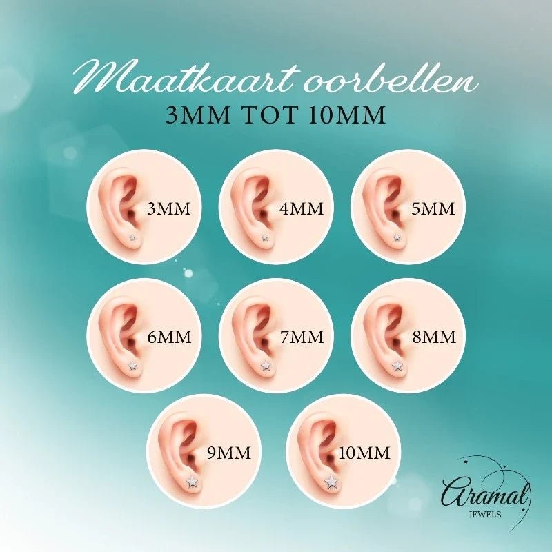Aramat Jewels oorbellen maattabel, met afbeeldingen van oren met oorbellen van 3mm tot 10mm.