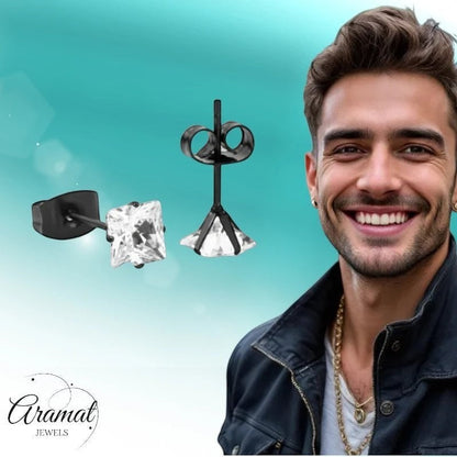 Aramat Jewels zwarte RVS oorbellen met vierkante zirkonia van 5mm. Stijlvolle heren oorbellen.
