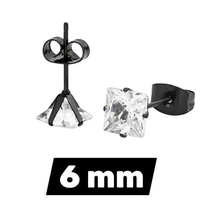 Aramat Jewels oorbellen van zwart roestvrij staal met vierkante zirkonia steen van 6mm.