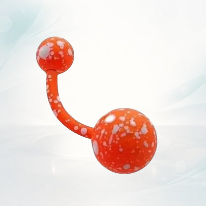 Aramat Jewels orange surgical steel belly button piercing with a splatter design. Hypoallergenic and trendy.