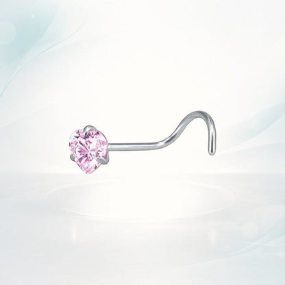 Aramat Jewels silver steel nose piercing with a pink heart-shaped zirconia stone, S-bend.