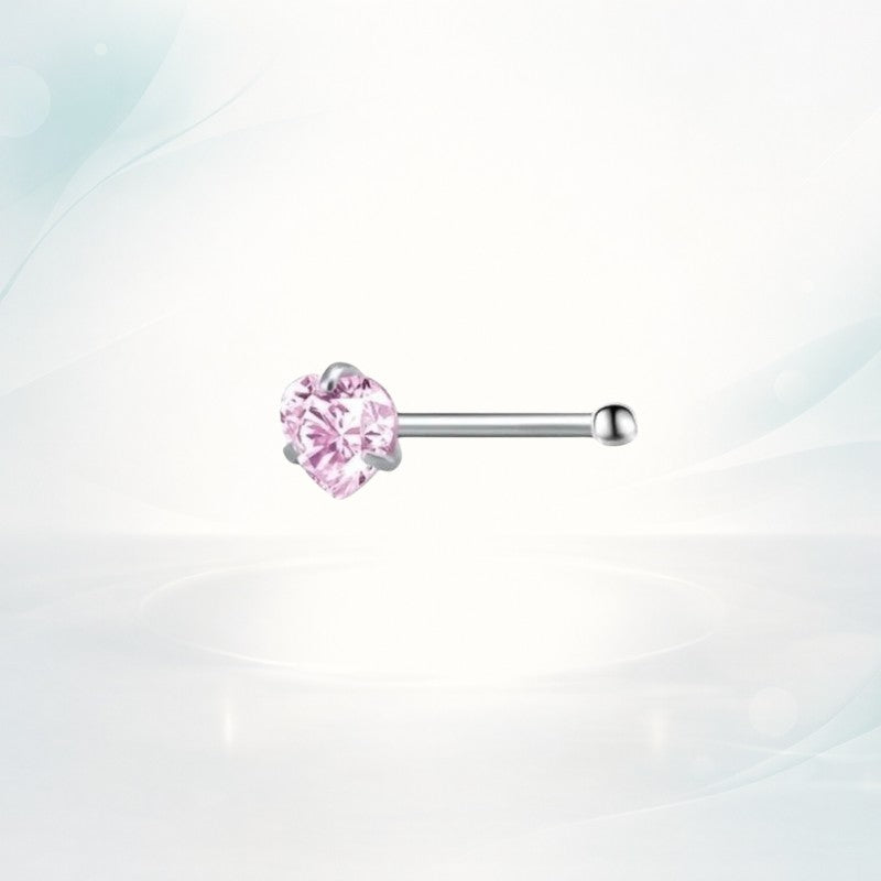 Aramat Jewels silver-colored steel nose piercing with a heart-shaped pink zirconia stone.