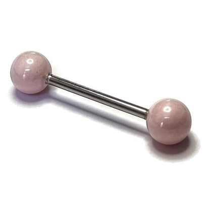 Aramat Jewels pink pearl tongue piercing made of surgical steel. Features a smooth, round pearl on each end of a straight metal bar.
