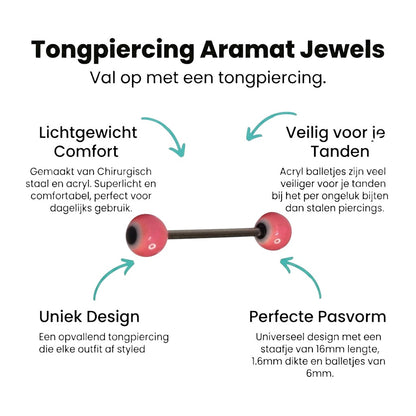 Aramat Jewels pink, white, and black acrylic tongue piercing with a steel bar. Features eye-like design on acrylic balls.