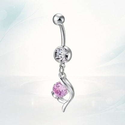 Aramat Jewels silver-tone surgical steel belly button piercing with a clear and pink cubic zirconia drop.
