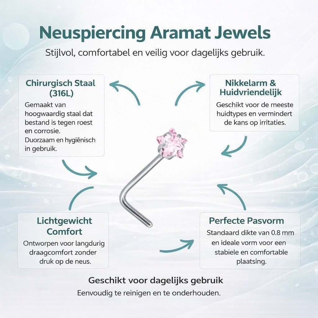 Aramat Jewels silver-tone steel L-shaped nose stud with a pink cubic zirconia.
