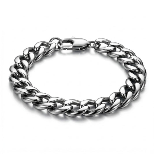 Aramat Jewels platte gourmet schakelarmband van zilverkleurig staal, 19cm lang en 9.5mm breed, met karabijnsluiting.