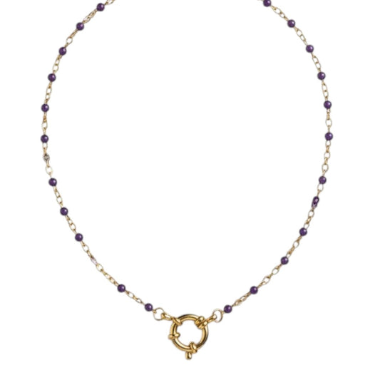 Aramat Jewels gold chain necklace with small purple enamel beads and a large gold clasp.