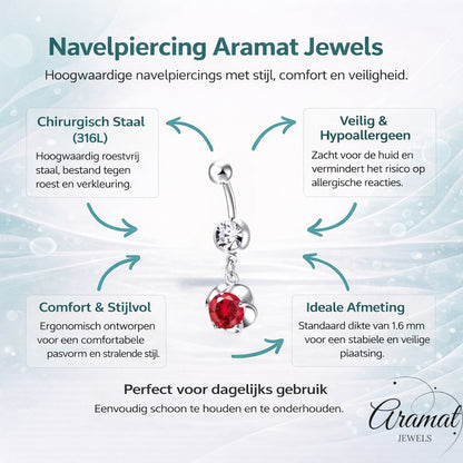 Aramat Jewels silver-tone steel navel piercing with a clear cz and a red cz flower dangle.
