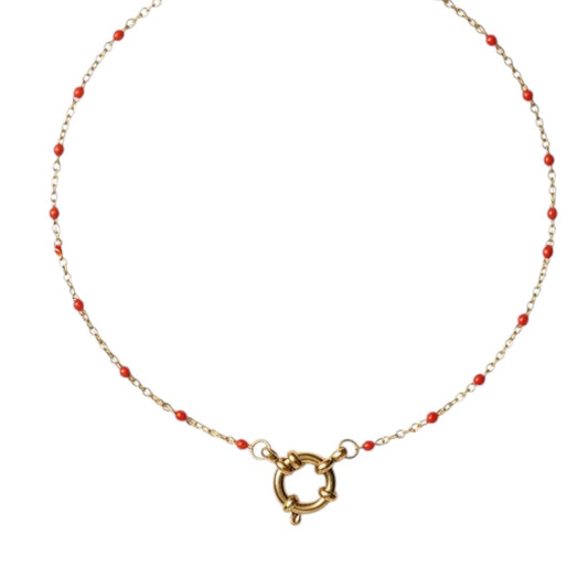 Aramat Jewels gold chain necklace with small red enamel beads and a circular clasp.