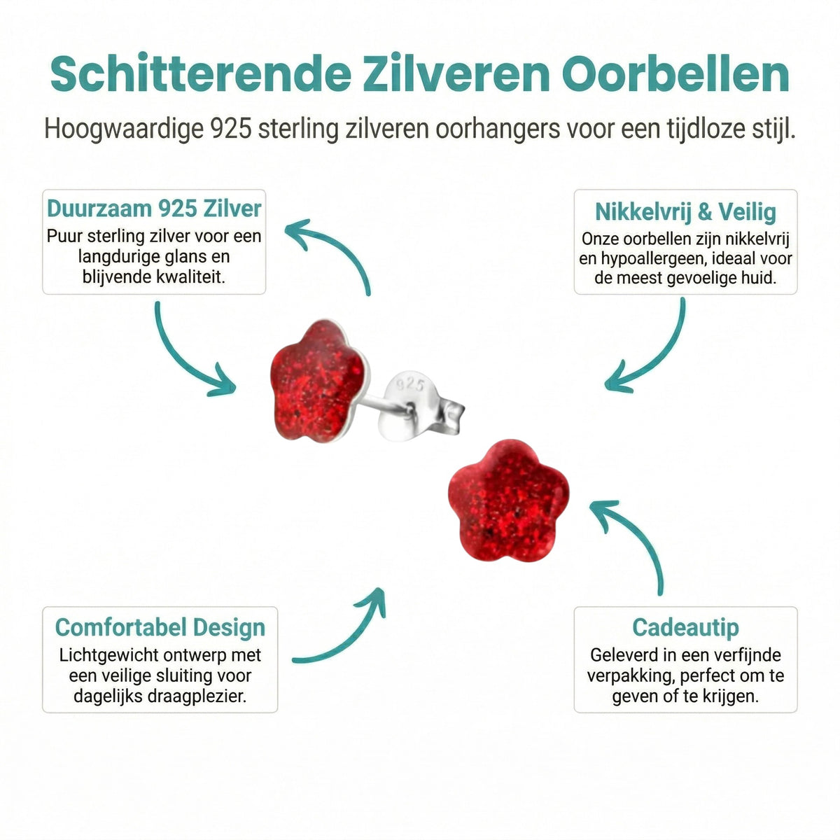 Aramat Jewels red glitter flower stud earrings, 925 sterling silver, 8mm diameter, for children.