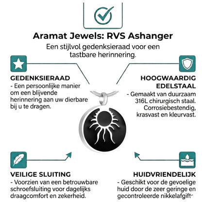 Aramat Jewels ronde ashanger met tribal design in zwart emaille en RVS. Gedenksieraad met schroefsluiting.