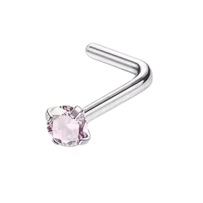 Aramat Jewels neuspiercing van chirurgisch staal met een roze ronde zirkonia van 2mm op een L-vormig staafje.