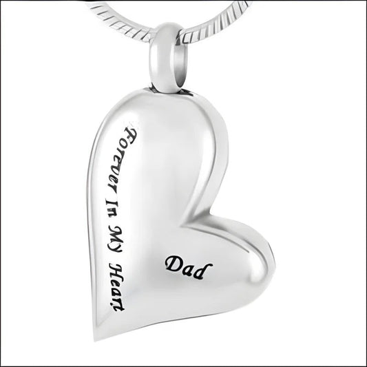 Aramat Jewels® zilverkleurige RVS ashanger in hartvorm met de tekst "Forever In My Heart" en "Dad".