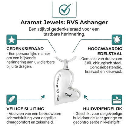 Aramat Jewels RVS hartvormige ashanger met de tekst 'Forever In My Heart' en 'Dad'. Gedenksieraad zonder ketting.