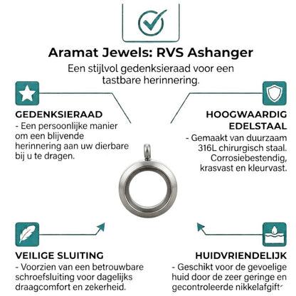Aramat Jewels silver-colored stainless steel round cremation pendant, 15mm, with screw closure for ashes.