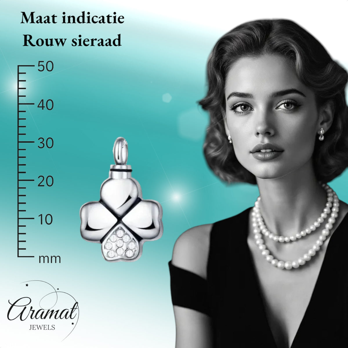 Aramat Jewels silver-colored stainless steel four-leaf clover cremation pendant with clear cubic zirconia stones. 30x20mm, screw closure.