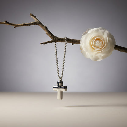 Aramat Jewels silver-colored 316L steel cross cremation pendant, 2x1.5cm, with screw closure for ashes.
