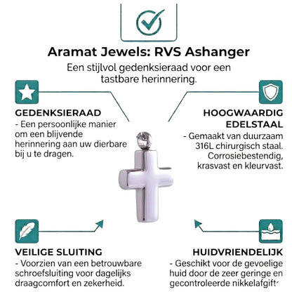 Aramat Jewels silver-colored 316L steel cross cremation pendant, 2x1.5cm, with screw closure for ashes.