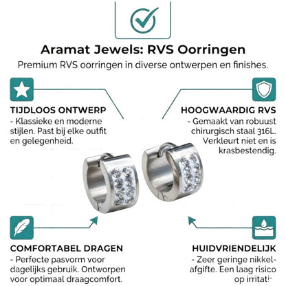 Aramat Jewels silver-tone stainless steel huggie hoop earrings with two rows of clear crystals.