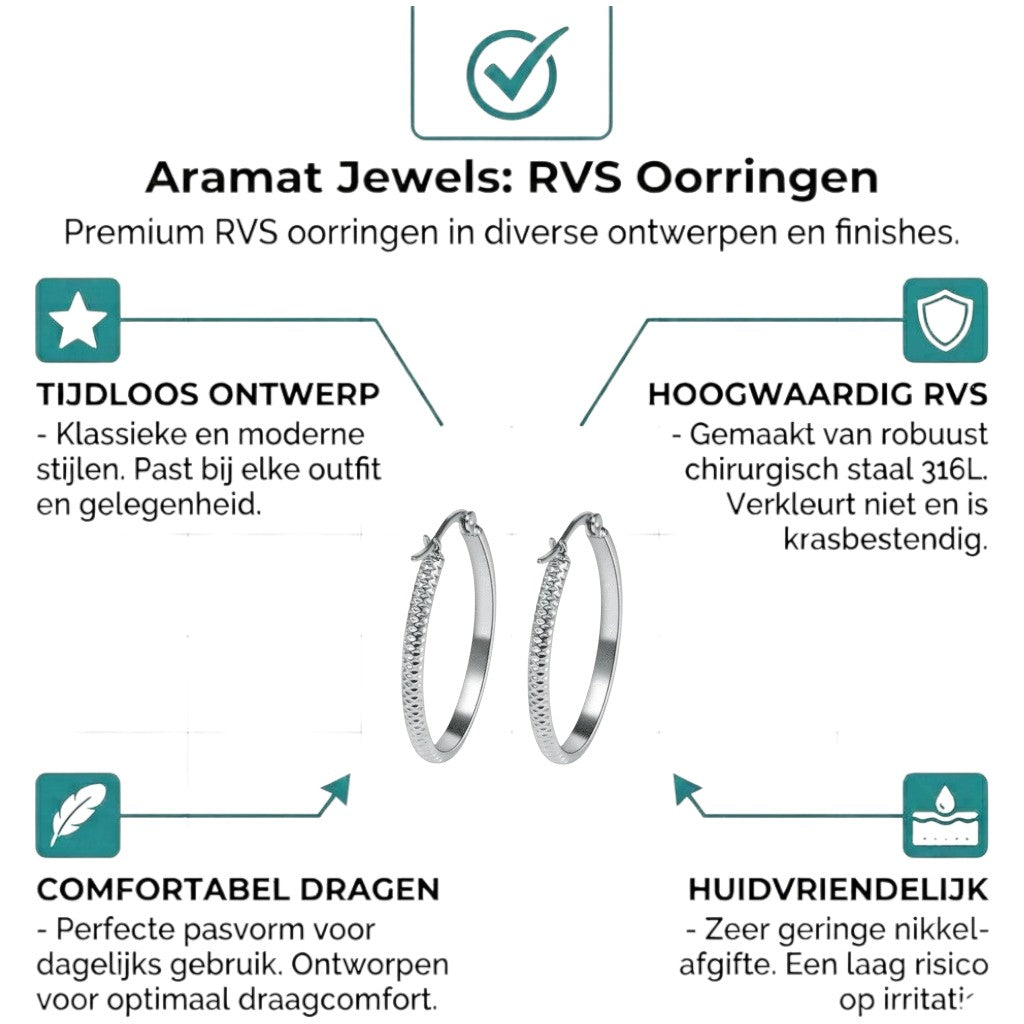 Aramat Jewels silver-tone stainless steel hoop earrings with a textured dot pattern, 20mm diameter.