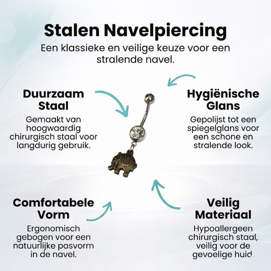 Aramat Jewels silver surgical steel belly button piercing with a detailed elephant charm and clear cubic zirconia.