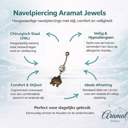 Aramat Jewels silver surgical steel belly button piercing with a detailed elephant charm and clear cubic zirconia.