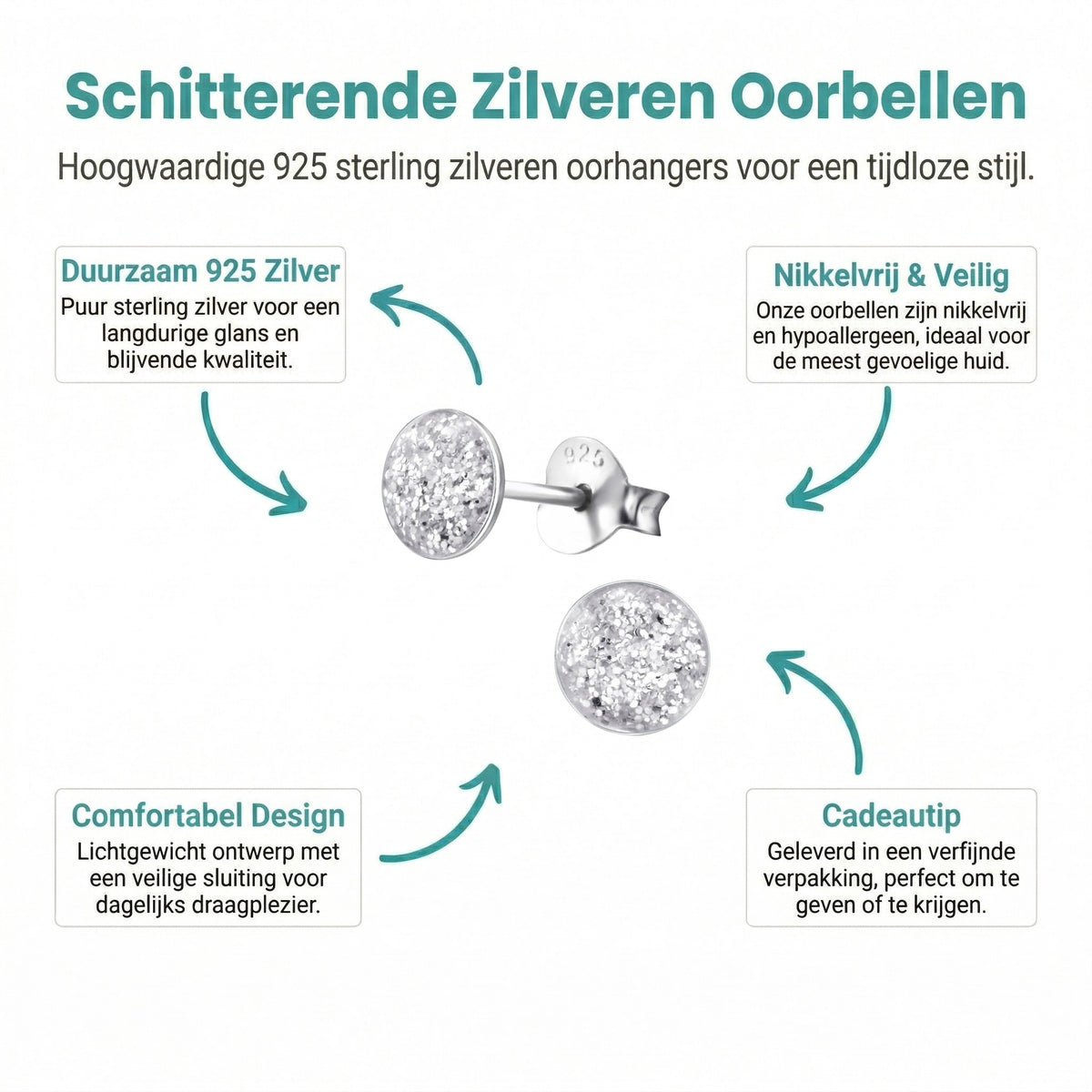 Aramat Jewels sterling silver stud earrings with transparent glitter, 5mm diameter, perfect for girls.