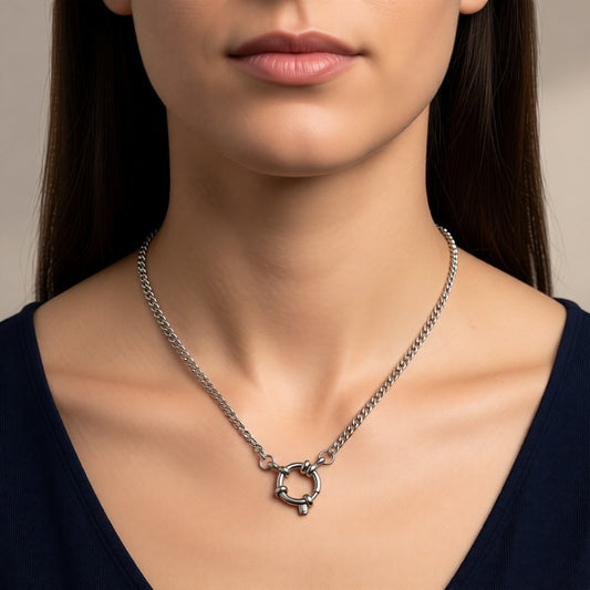 Aramat Jewels silver-tone RVS gourmet link charm necklace with a front clasp, 3mm wide.
