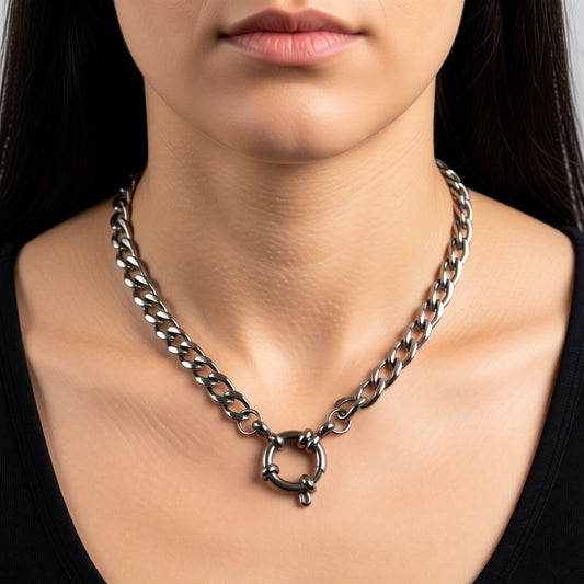 Aramat Jewels silver-tone stainless steel gourmet link charm necklace with a toggle clasp.