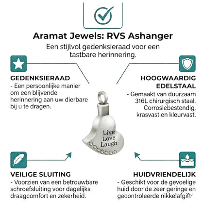 Aramat Jewels silver heart-shaped cremation pendant engraved with "Live Love Laugh" and adorned with small crystals.