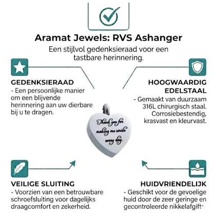 Aramat Jewels silver stainless steel heart-shaped cremation pendant with "Thank you for making me smile every day" engraving.