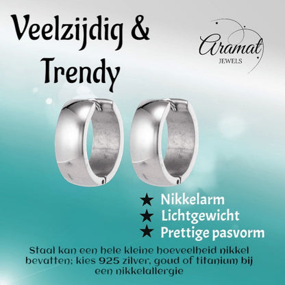Aramat Jewels silver-colored stainless steel hoop earrings, 13mm diameter, simple creole design, unisex.
