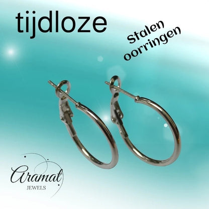 Aramat Jewels silver stainless steel hoop earrings with a high-gloss finish and hinge closure, available in multiple sizes.