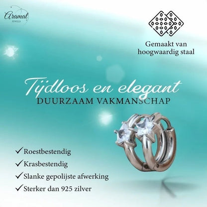 Aramat Jewels silver-tone stainless steel hoop earrings with star-shaped cubic zirconia accents. Timeless and elegant design.