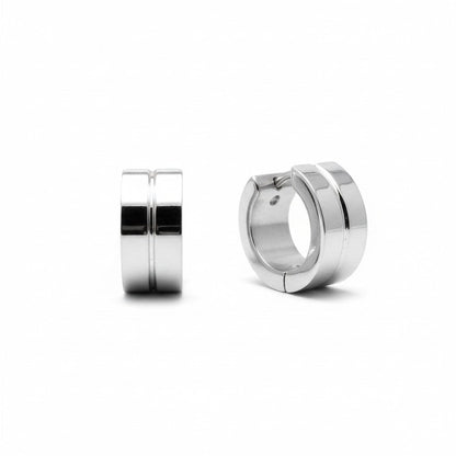 Aramat Jewels silver-tone stainless steel huggie hoop earrings, 13x7mm, with a subtle double-line accent.