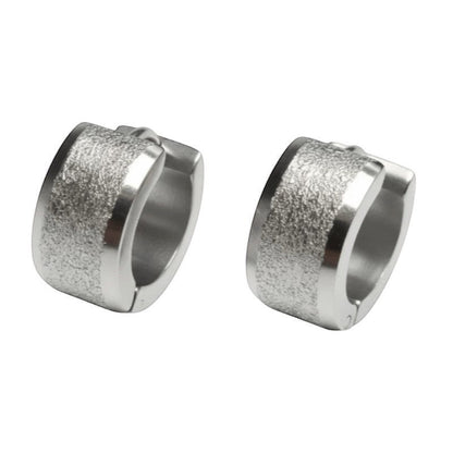 Aramat Jewels sandblasted silver-tone stainless steel huggie hoop earrings, 13mm, with a matte textured band.