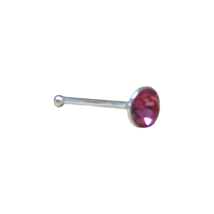 Aramat Jewels silver nose piercing with a 2mm round pink crystal stone. Straight design, suitable for sensitive skin.