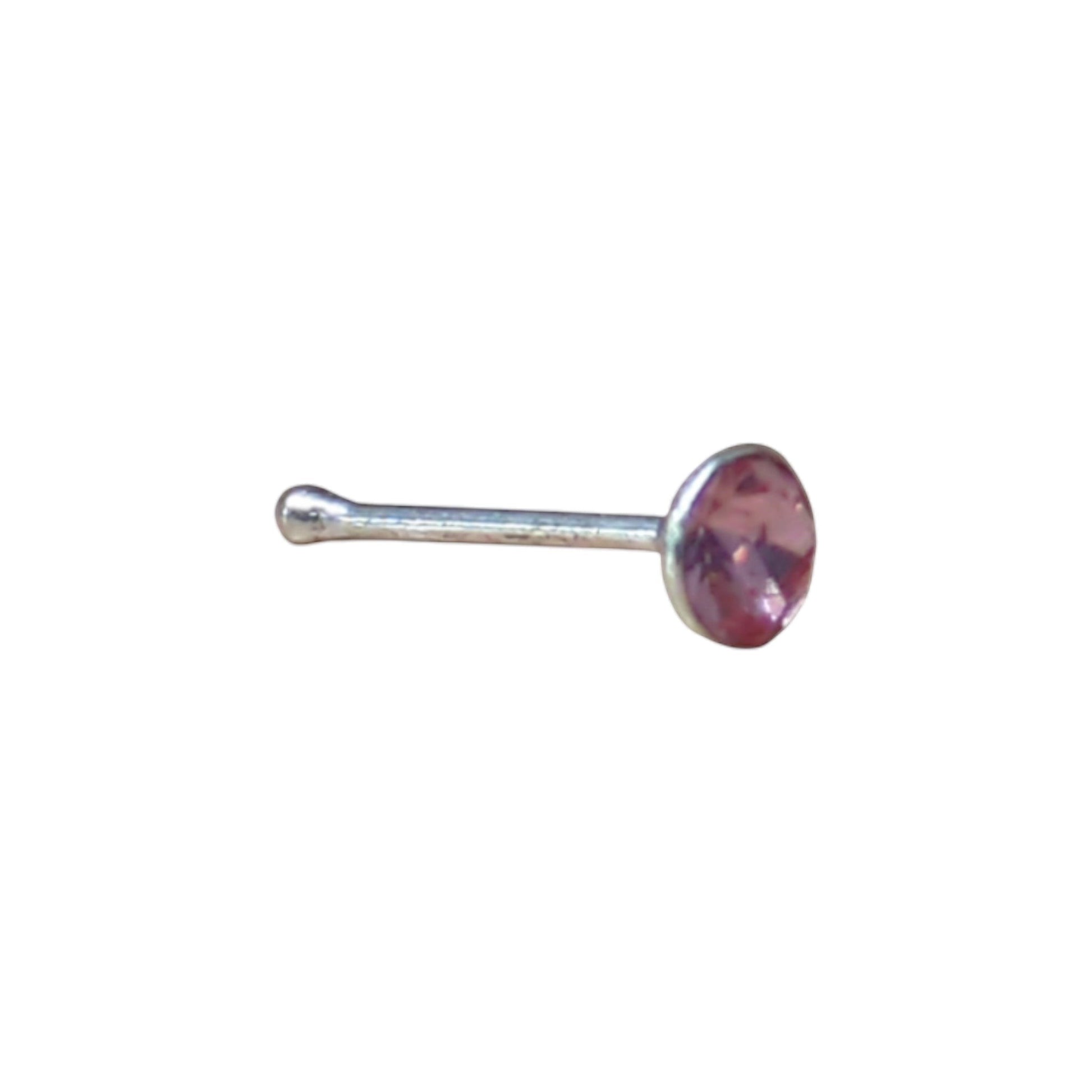 Aramat Jewels silver nose piercing with a 2mm pink crystal stone. Straight design, suitable for sensitive skin.
