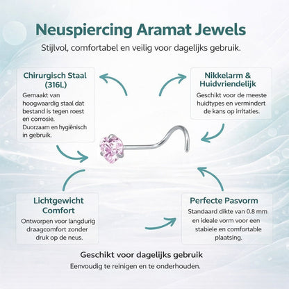 Aramat Jewels silver steel nose piercing with a pink heart-shaped zirconia stone.