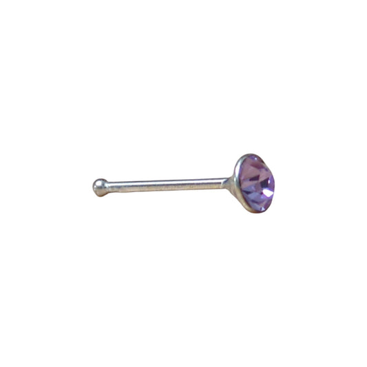 Aramat Jewels silver nose piercing with a 2mm round purple crystal stone. Straight design, suitable for sensitive skin.